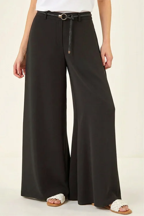 Roman Black Wide Leg Belt Tie Trouser - 10 Image 3