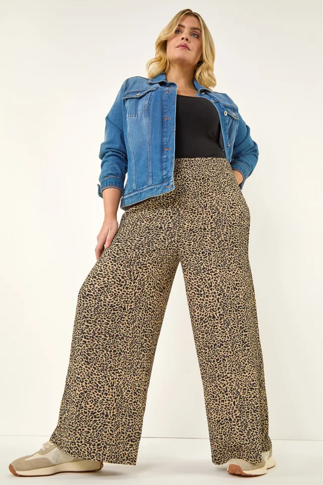 Roman Natural Curve Textured Animal Print Wide Leg Trousers