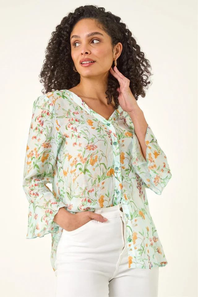 Roman Light Blue Floral Flare Sleeve Buttoned Blouse