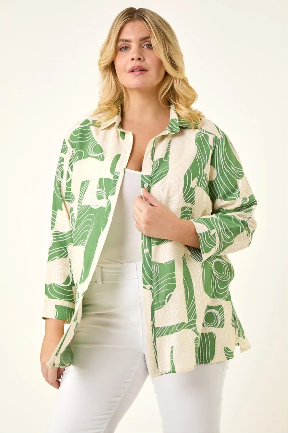 Roman Green Curve Textured Geometric Shirt - Size 22-24 Image 1