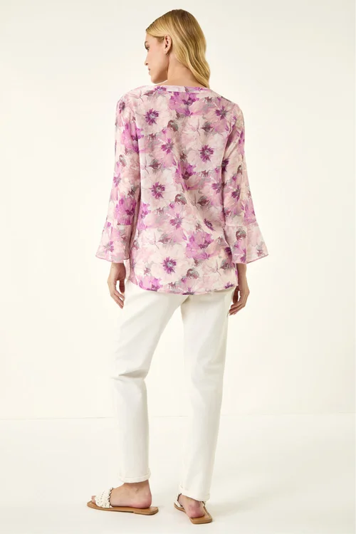 Roman Purple Floral Print Flare Sleeve Blouse - 18 Image 3