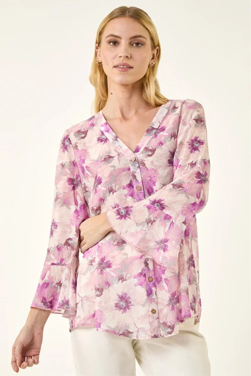Roman Purple Floral Print Flare Sleeve Blouse - 18 Image 4