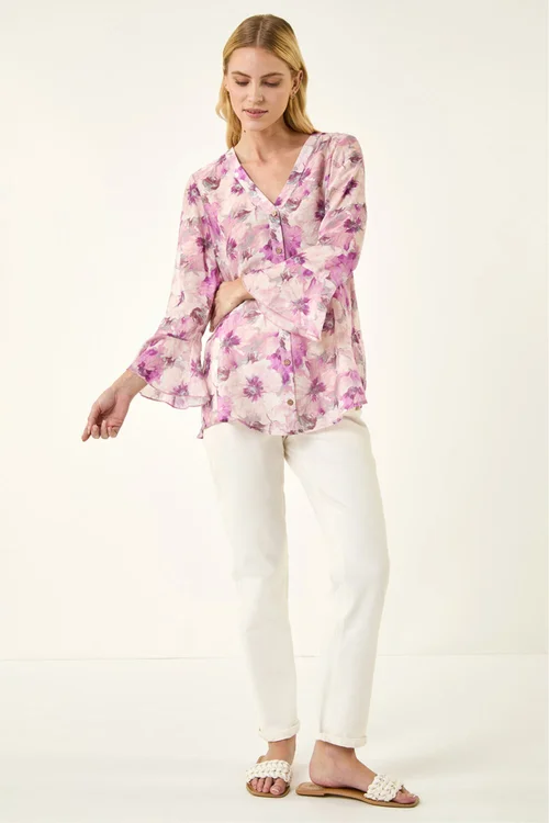 Roman Purple Floral Print Flare Sleeve Blouse - 18 Image 2