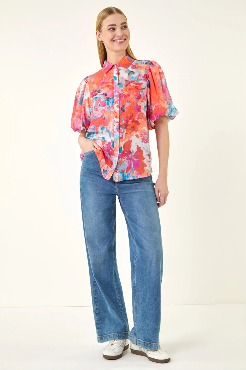 Roman Orange Abstract Print Buttoned Blouse - 14 Image 2