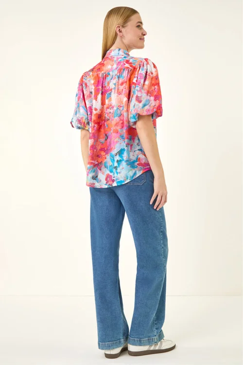 Roman Orange Abstract Print Buttoned Blouse - 14 Image 3