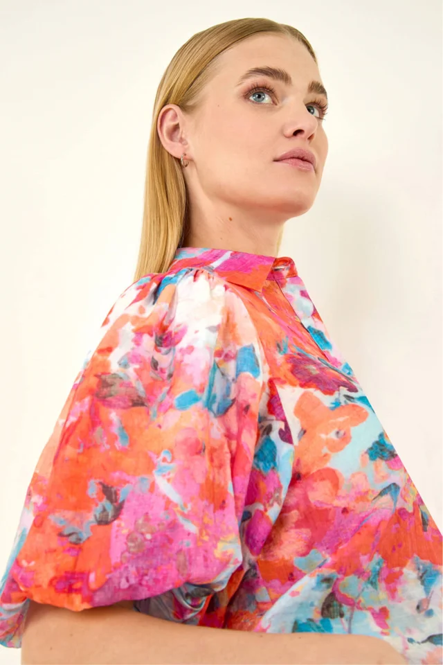 Roman Orange Abstract Print Buttoned Blouse