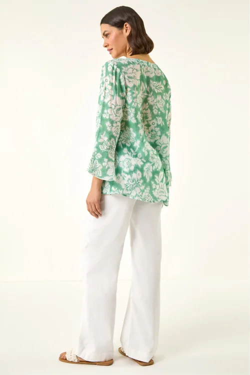 Roman Sage Floral Print Flare Sleeve Blouse - 16 Image 3