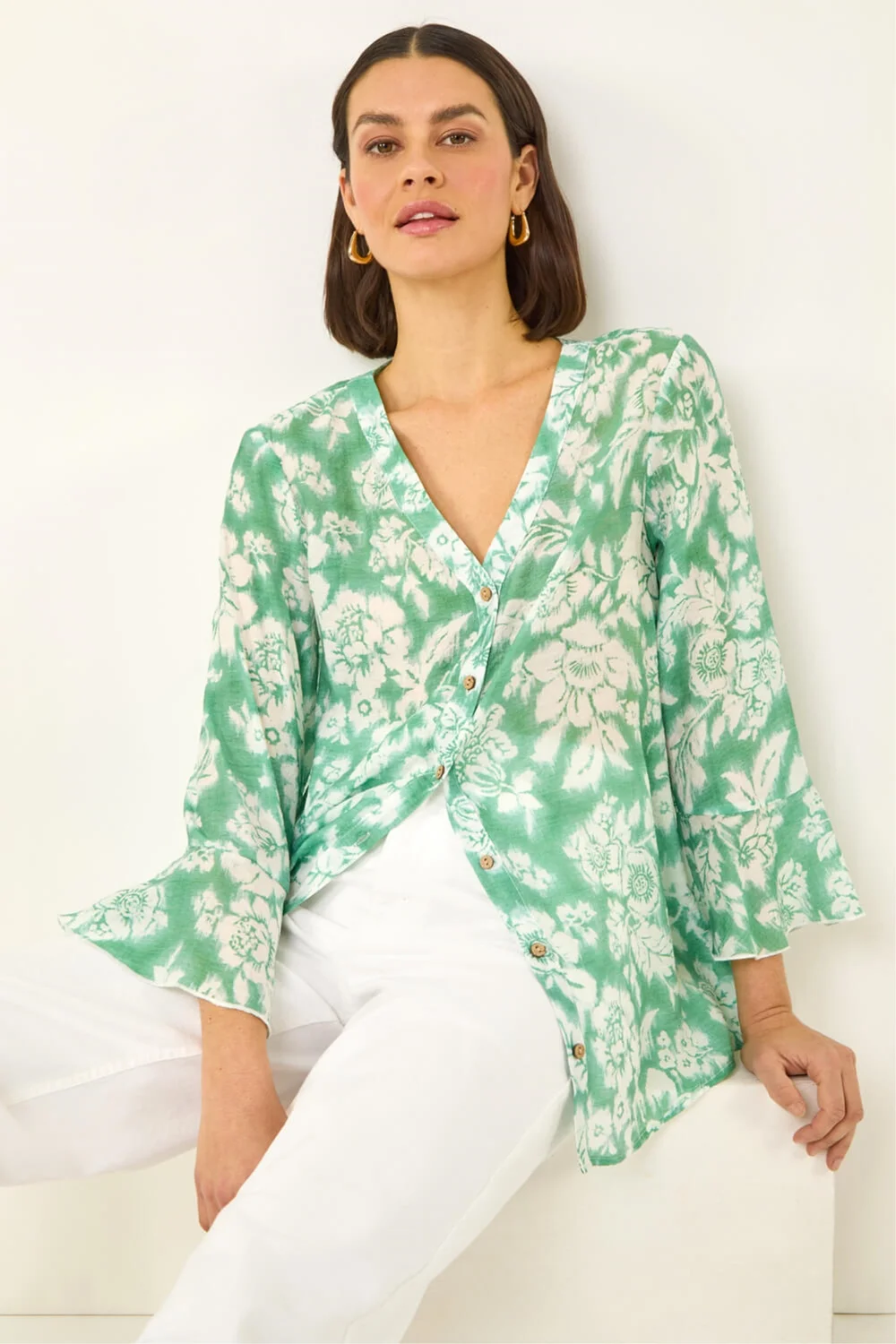 Roman Sage Floral Print Flare Sleeve Blouse - 16 Image 1