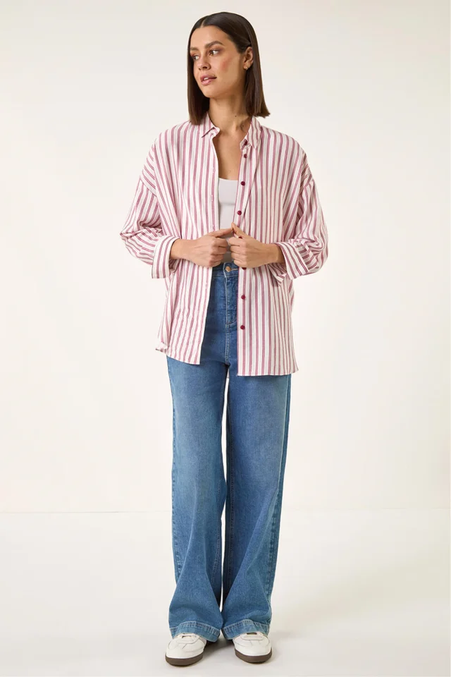 Roman Red Stripe Print Button Blouse