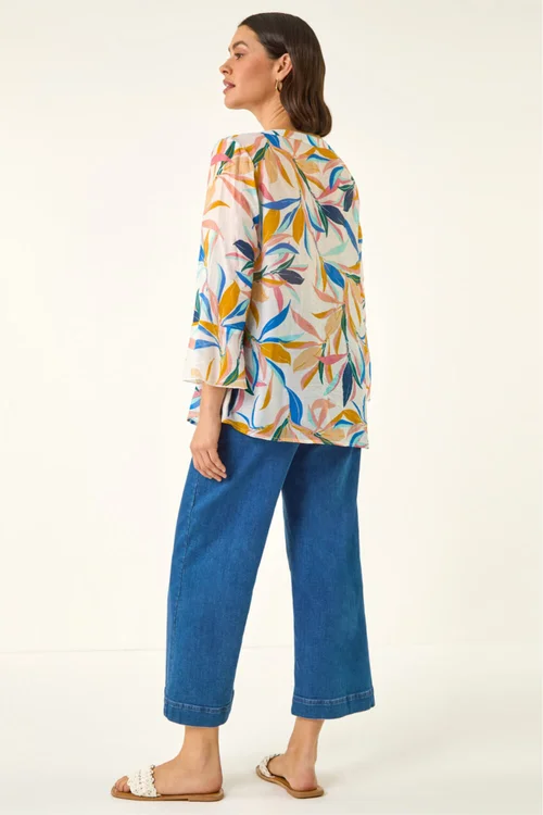 Roman Blue Leaf Print Flare Sleeve Blouse - 14 Image 3