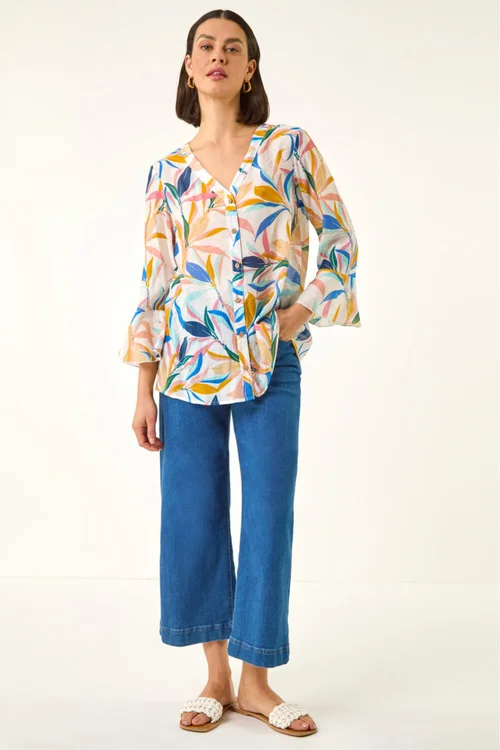 Roman Blue Leaf Print Flare Sleeve Blouse - 14 Image 1