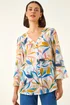 Roman Blue Leaf Print Flare Sleeve Blouse - 14 Image 2