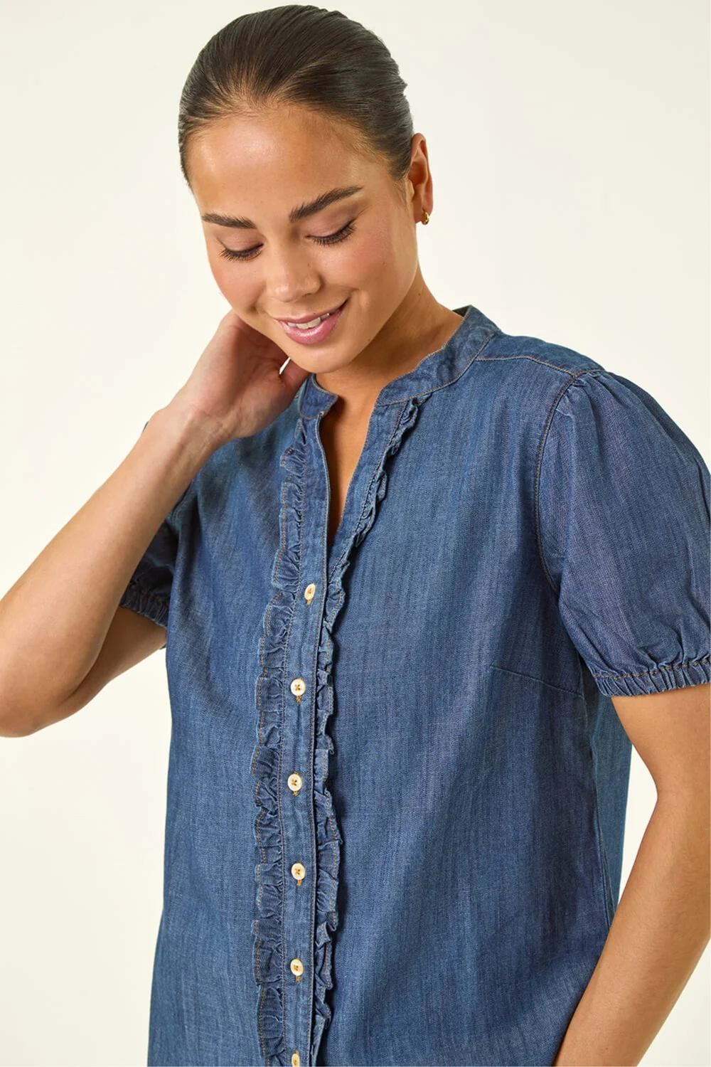 Roman Indigo Petite Frill Front Buttoned Blouse - Size 12 Image 1