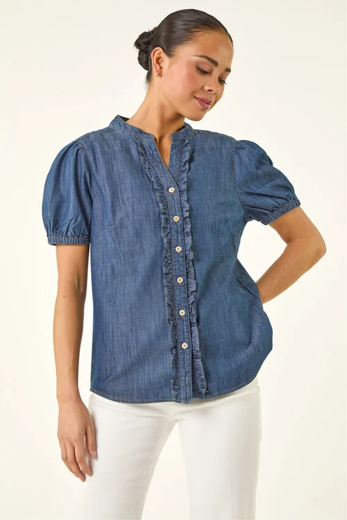 Roman Indigo Petite Frill Front Buttoned Blouse - Size 12 Image 4
