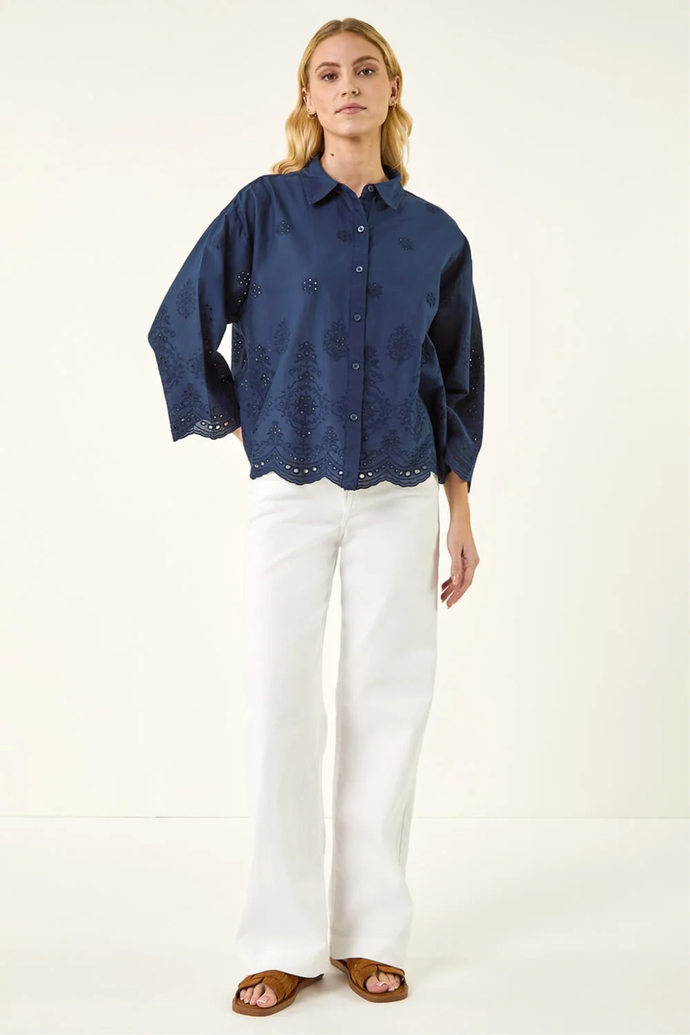 Roman Navy Broderie Hem Buttoned Shirt - 10 Image 2