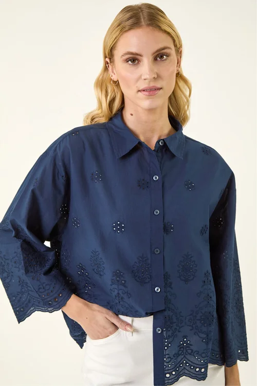 Roman Navy Broderie Hem Buttoned Shirt - 10 Image 1
