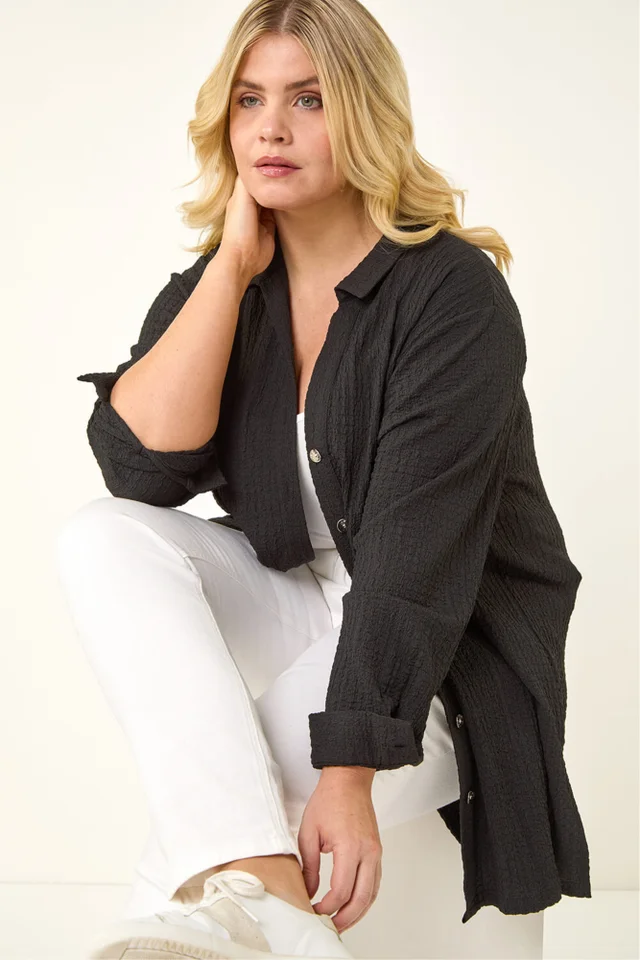 Roman Black Curve Textured Blouse