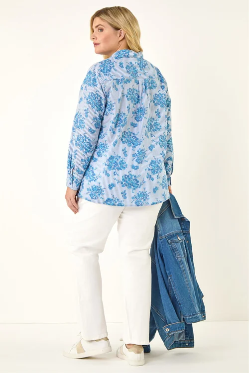 Roman Blue Curve Stripe Floral Print Blouse - Size 20 Image 3