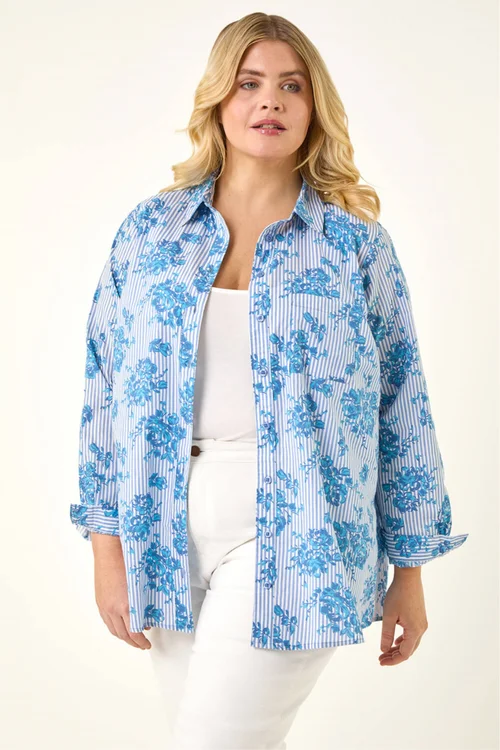 Roman Blue Curve Stripe Floral Print Blouse - Size 20 Image 4