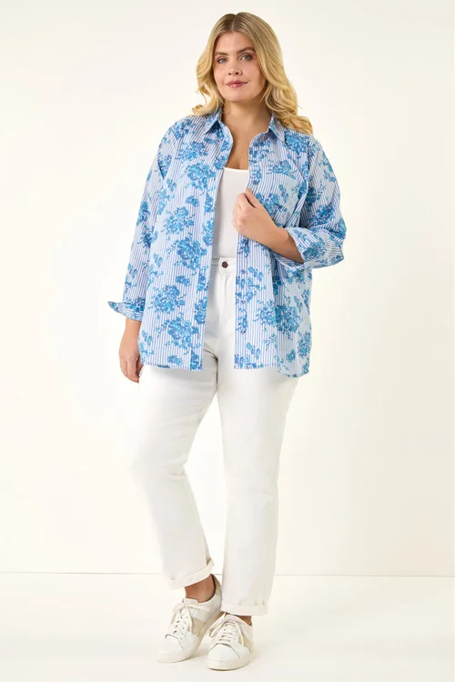 Roman Blue Curve Stripe Floral Print Blouse - Size 20 Image 2