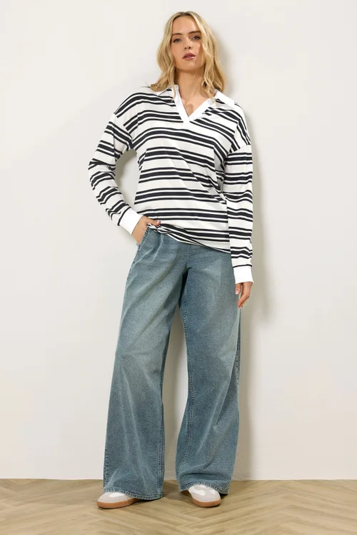 Long Tall Sally Navy Blue Double Stripe Rugby Polo T-Shirt - 14 Image 3