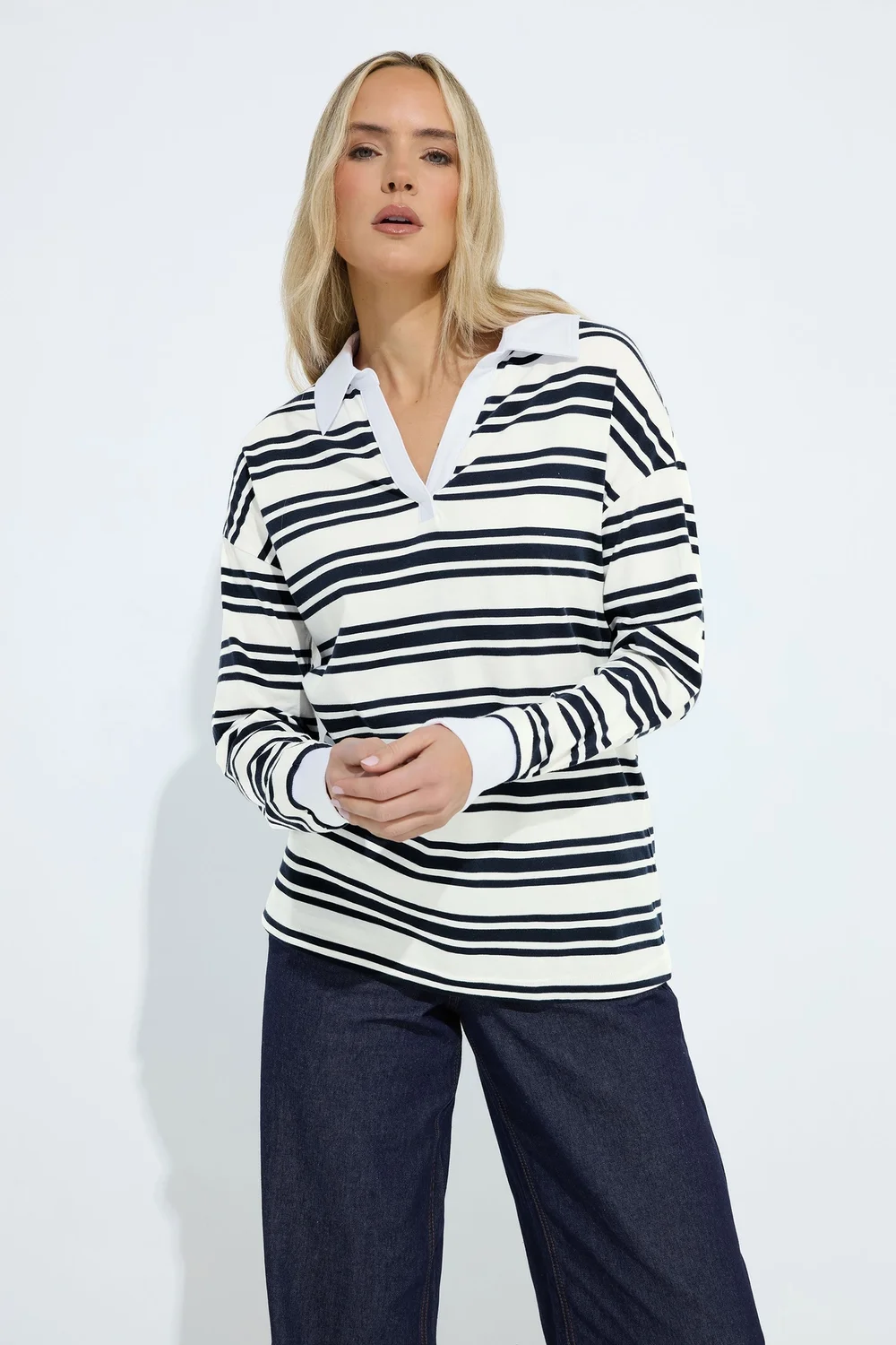 Long Tall Sally Navy Blue Double Stripe Rugby Polo T-Shirt - 14 Image 1