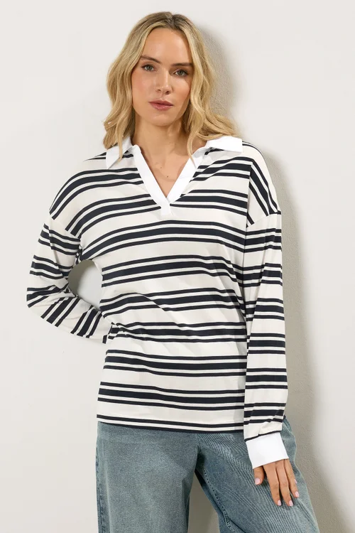 Long Tall Sally Navy Blue Double Stripe Rugby Polo T-Shirt - 14 Image 2