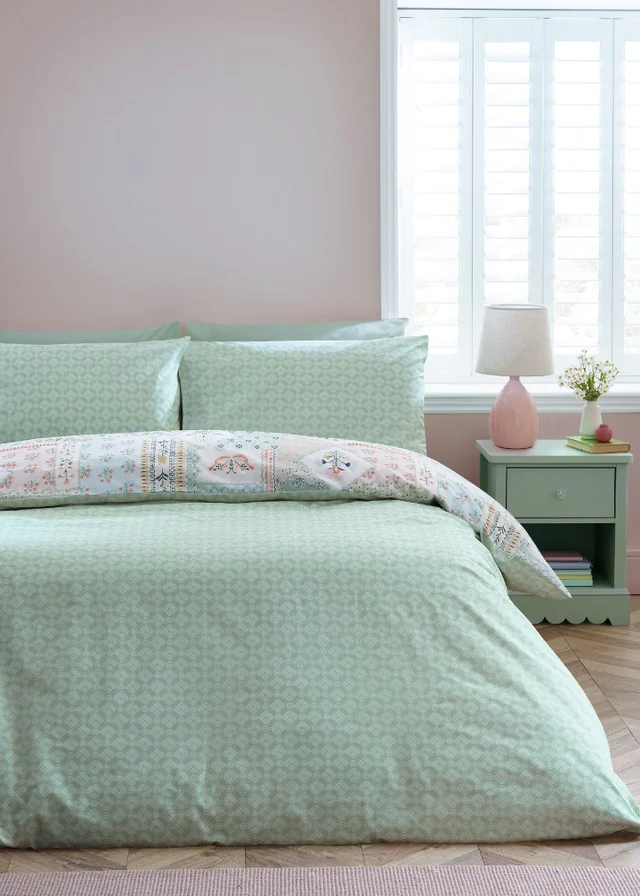 Catherine Lansfield Folk Patchwork Reversible Duvet Cover Set Green