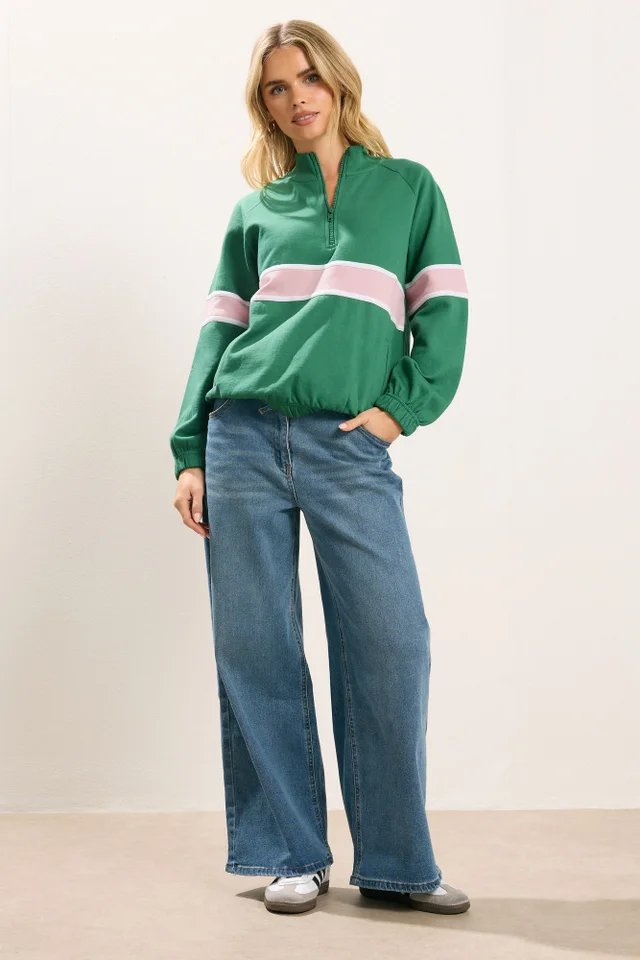 PixieGirl Petite Green Stripe Quarter Zip Sweatshirt