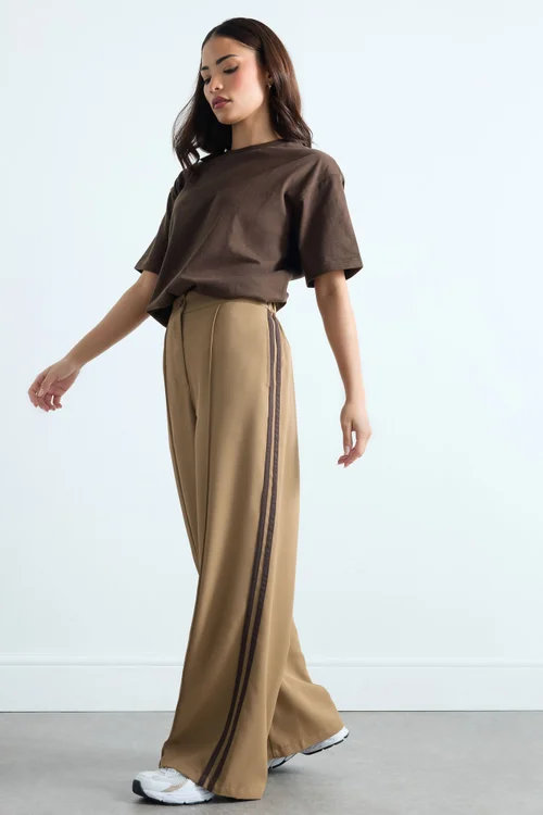 PixieGirl Petite Mocha Brown Side Stripe Wide Leg Trousers - Size 12, Leg 27 Image 1