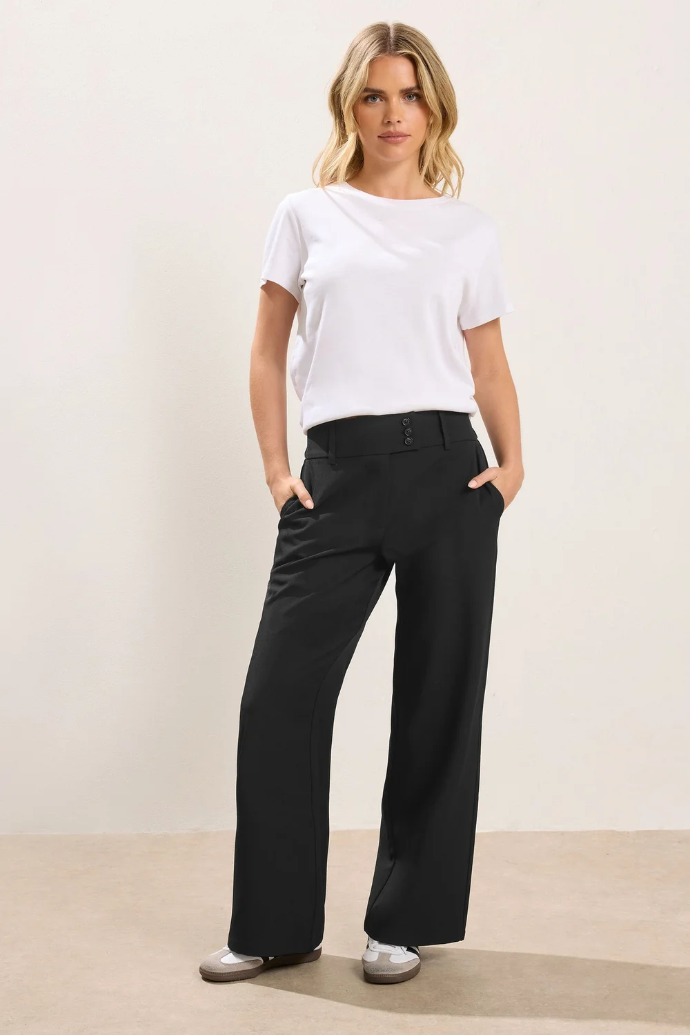 PixieGirl Petite Black Button Tab Detail Wide Leg Trousers - Size 8 Image 1