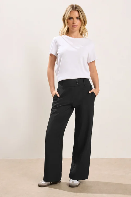 PixieGirl Petite Black Button Tab Detail Wide Leg Trousers - Size 8 Image 1