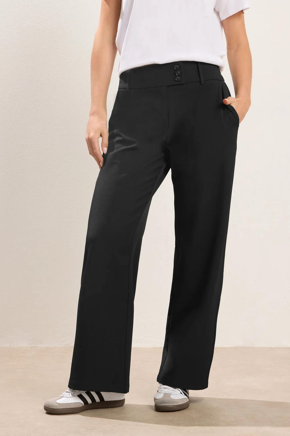 PixieGirl Petite Black Button Tab Detail Wide Leg Trousers - Size 8 Image 2