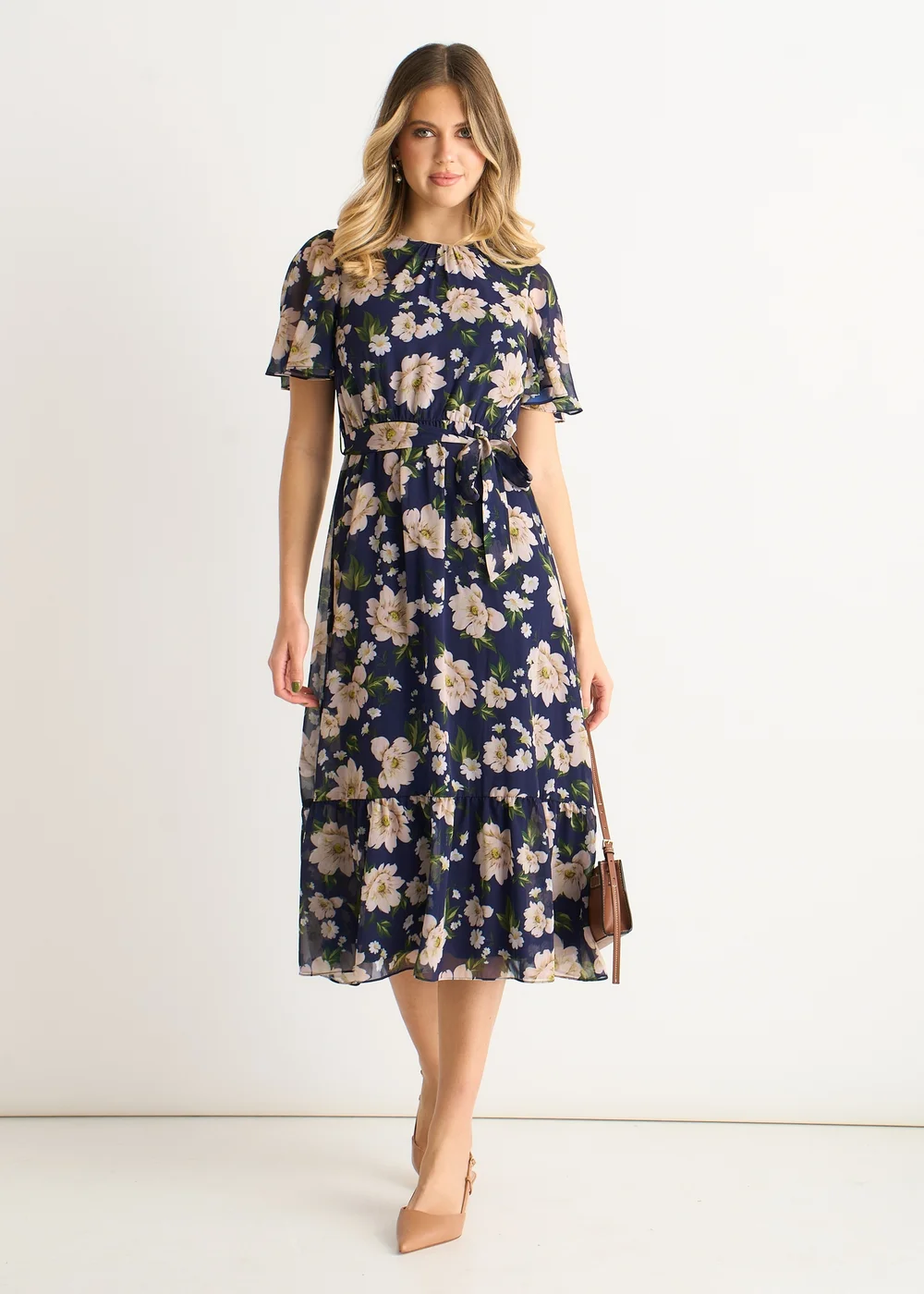 Gini London Navy Floral Print Fit & Flare Midi Dress - 12 Image 1