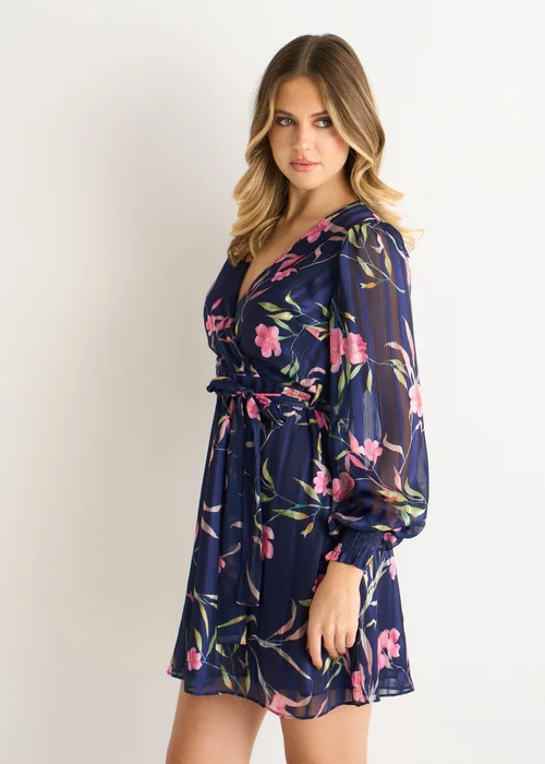 Gini London Navy Floral Print Shimmer Stripe Chiffon Wrap Mini Dress - 8 Image 4