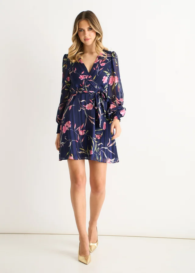 Gini London Navy Floral Print Shimmer Stripe Chiffon Wrap Mini Dress