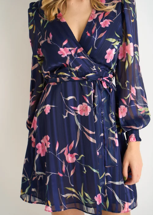 Gini London Navy Floral Print Shimmer Stripe Chiffon Wrap Mini Dress - 8 Image 3