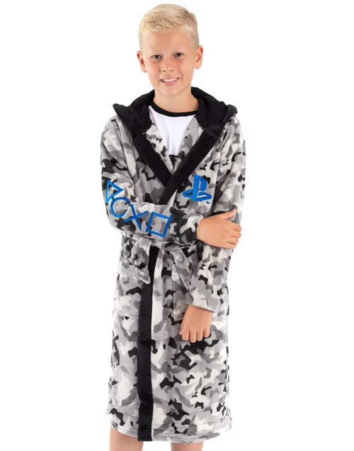 Vanilla Underground PlayStation Boys Grey Logo Grey Camo Print Bathrobe (5 - 14 Years) - Age 9-10 Years Image 1