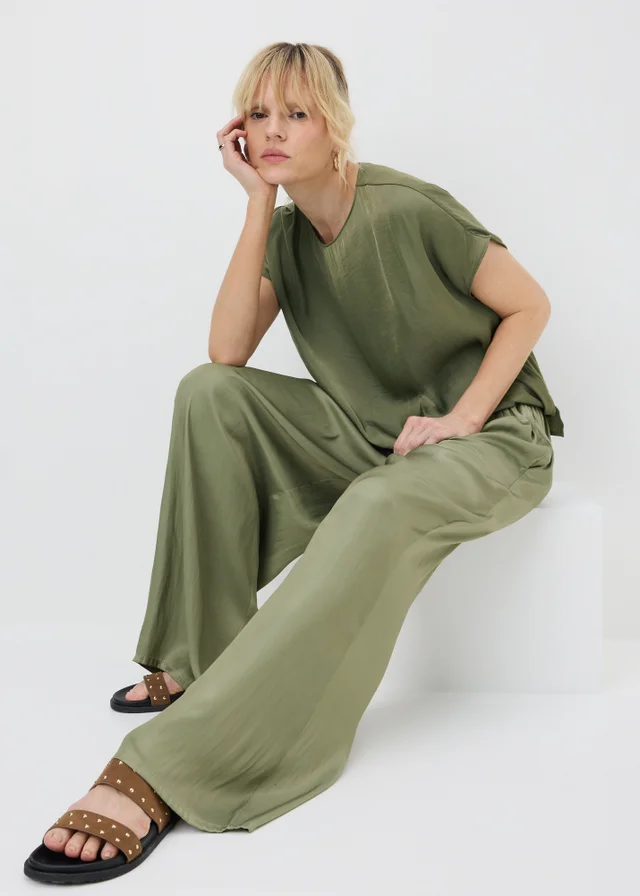 Green Satin Wide Leg Co Ord Trousers