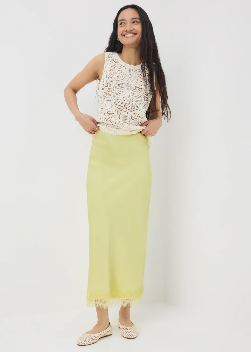 Lemon Satin Lace Trim Maxi Skirt - Size 10 Image 1