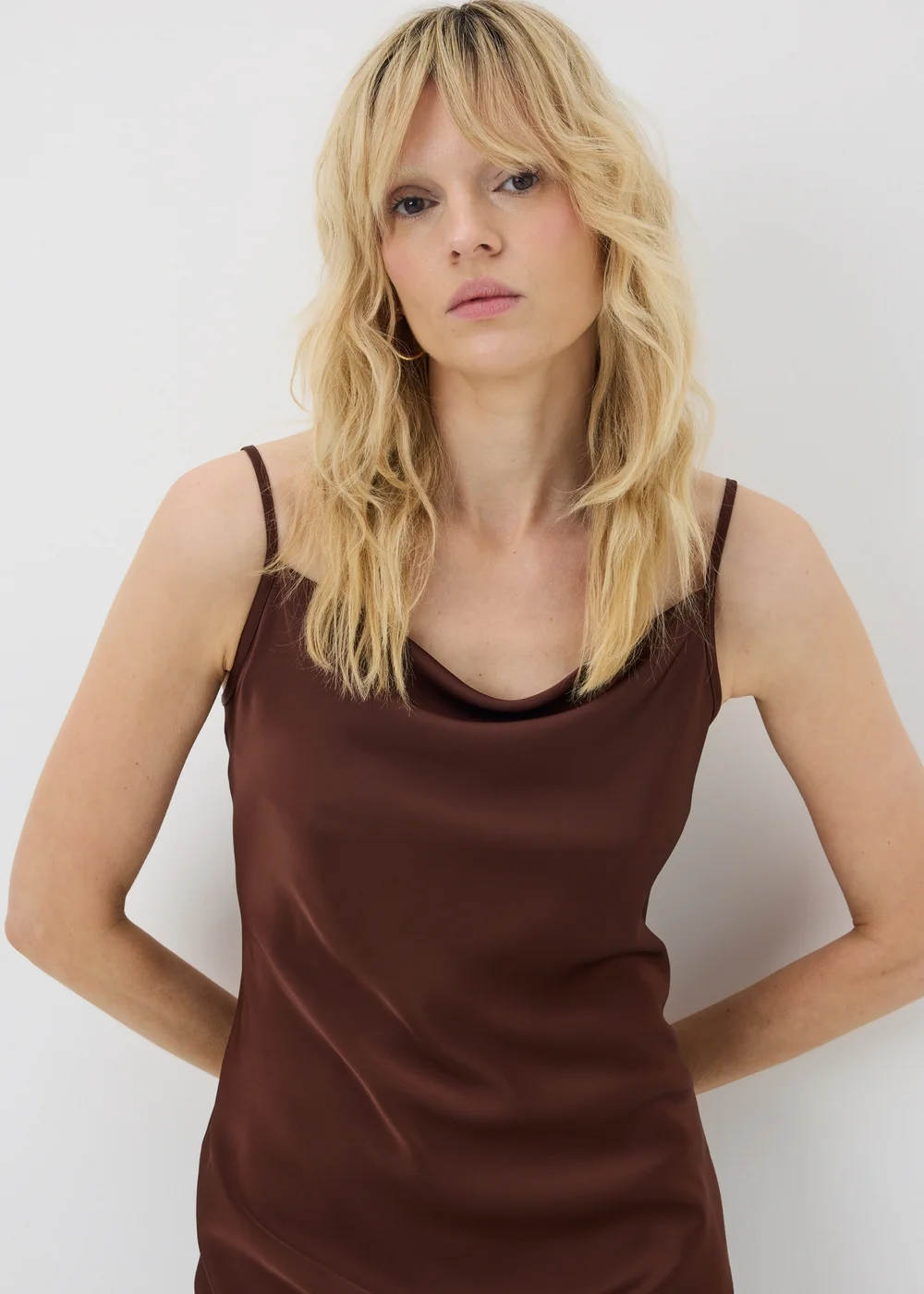 Chocolate Brown Satin Lace Cowl Longline Cami Top - 8 Image 3