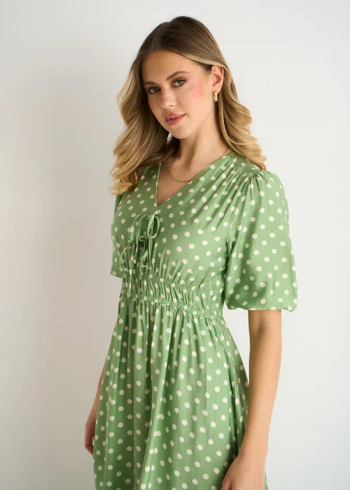 Gini London Sage Green Spot Print Shirred Waist Shift Midi Dress - 12 Image 4