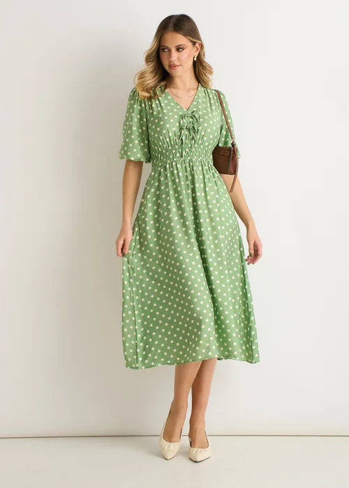 Gini London Sage Green Spot Print Shirred Waist Shift Midi Dress - 12 Image 1