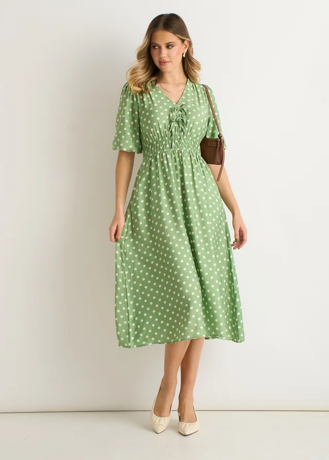 Gini London Sage Green Spot Print Shirred Waist Shift Midi Dress