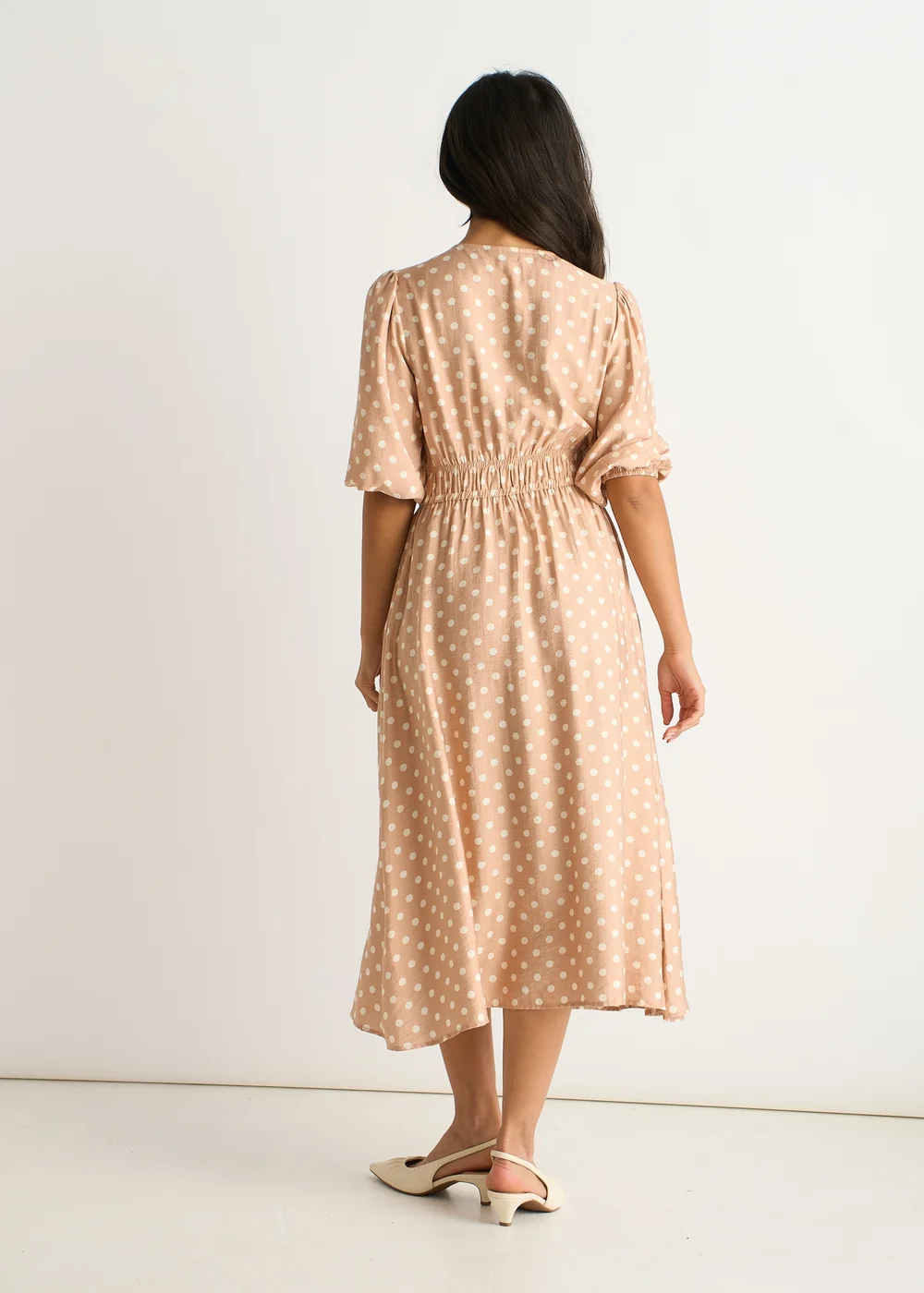Gini London Oatmeal Spot Print Shirred Waist Shift Midi Dress - 12 Image 2