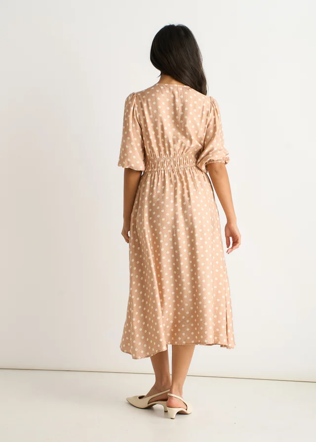 Gini London Oatmeal Spot Print Shirred Waist Shift Midi Dress