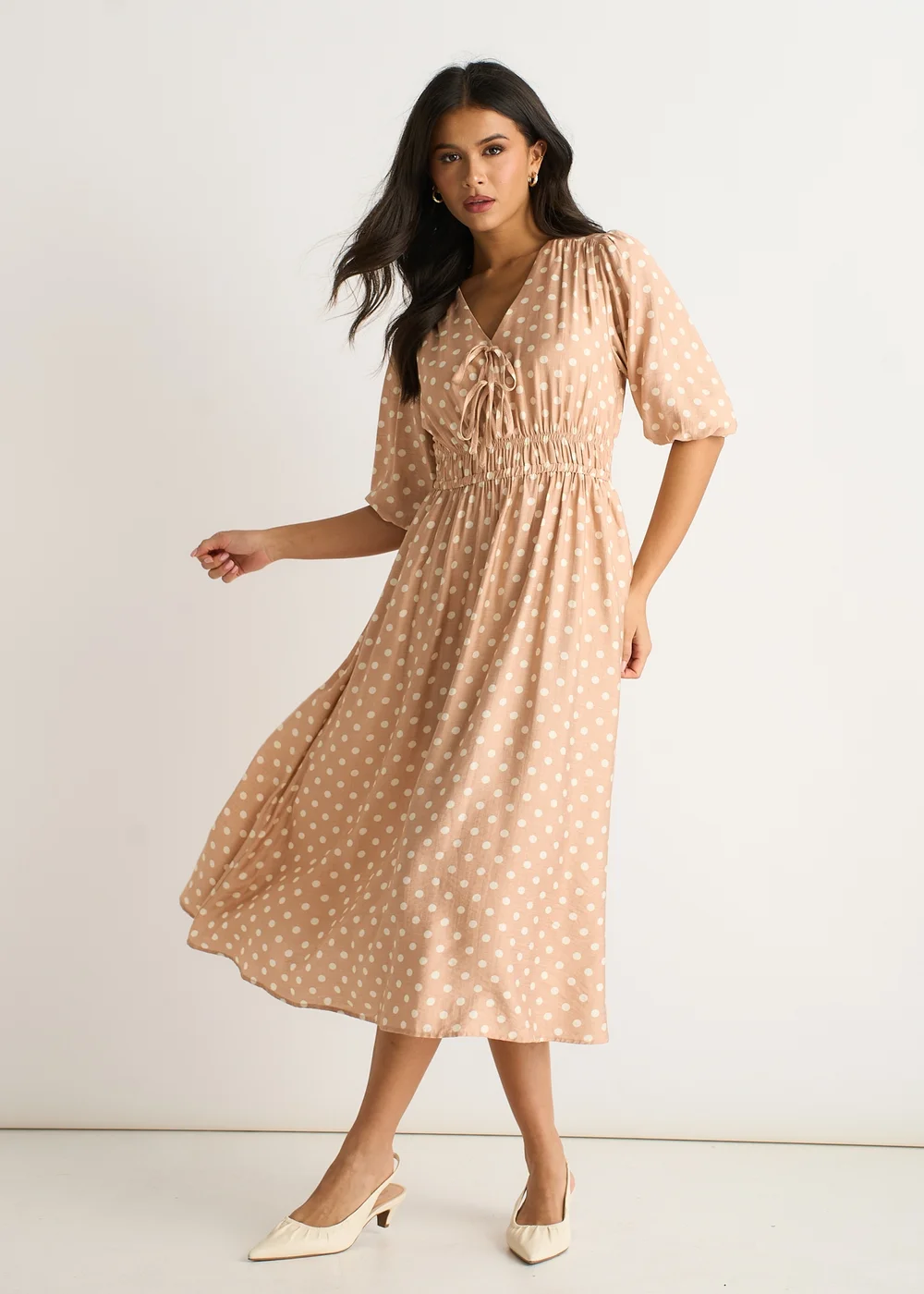 Gini London Oatmeal Spot Print Shirred Waist Shift Midi Dress - 12 Image 4