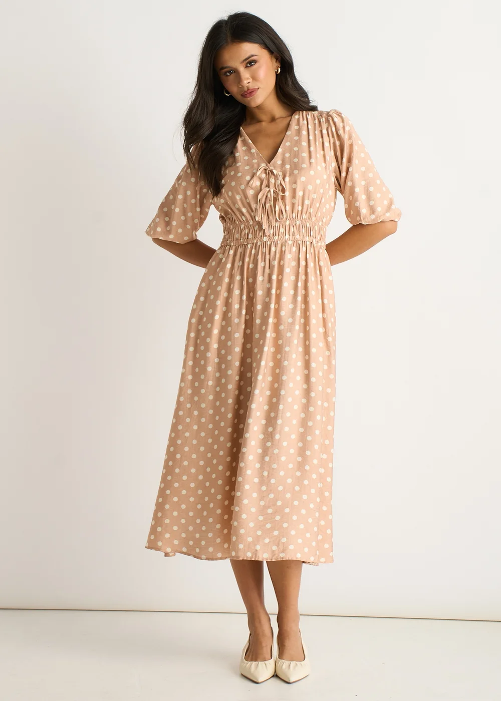 Gini London Oatmeal Spot Print Shirred Waist Shift Midi Dress - 12 Image 1