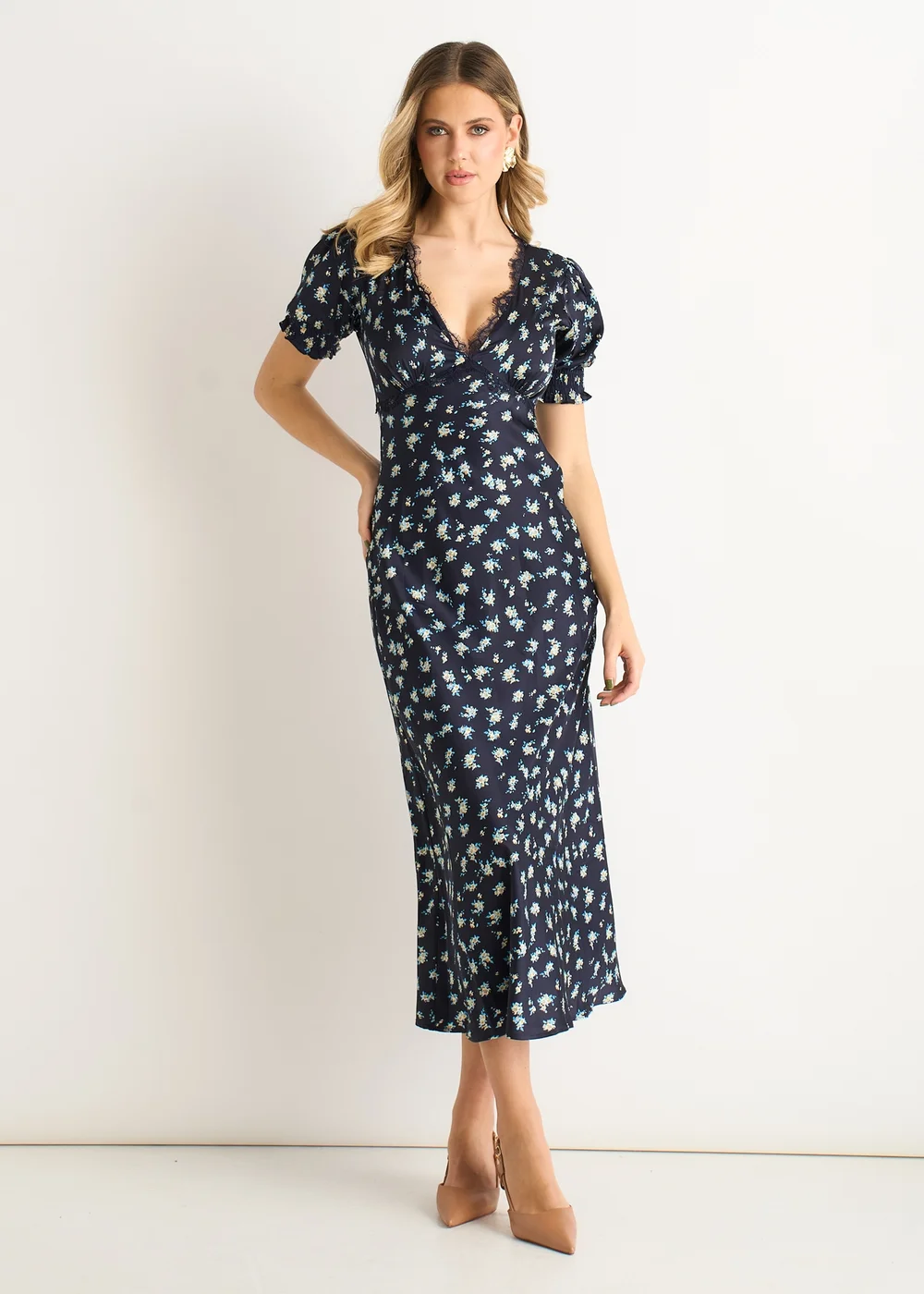Gini London Navy Floral Lace Trim V Neck Midi Dress - 14 Image 1