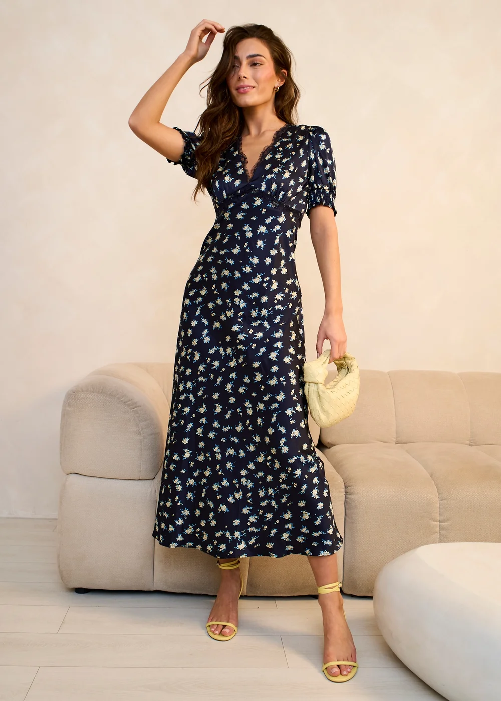 Gini London Navy Floral Lace Trim V Neck Midi Dress - 14 Image 1